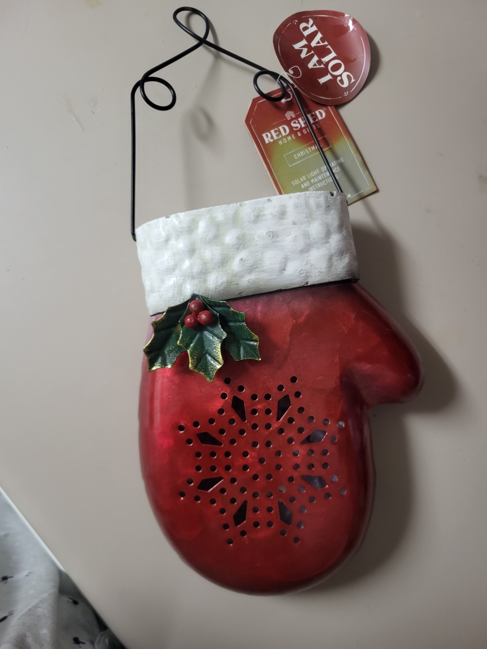 Solar Red Mitten Holiday Wall Decor with Holly Accent